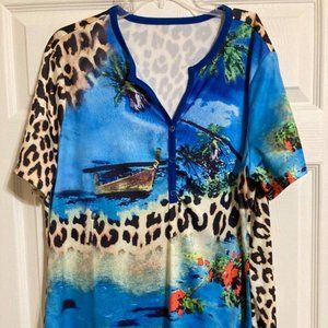 Bright Blue top with animal print accents-XXL